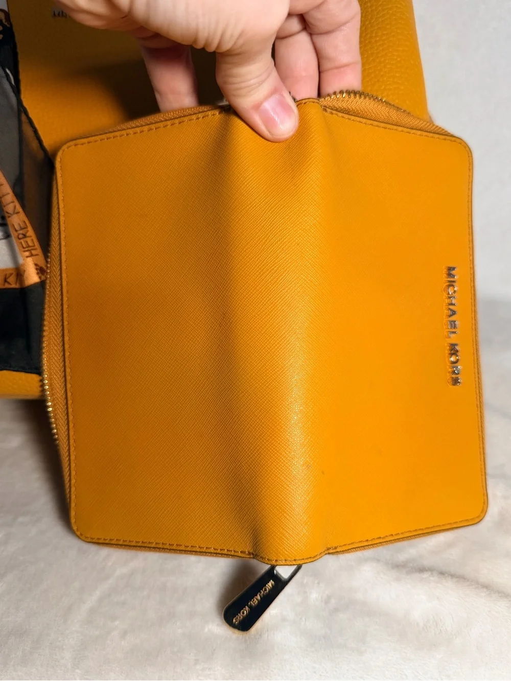 Michael Kors Mustard Yellow Leather Satchel Bag + Zip Wallet Set With Dust Bag